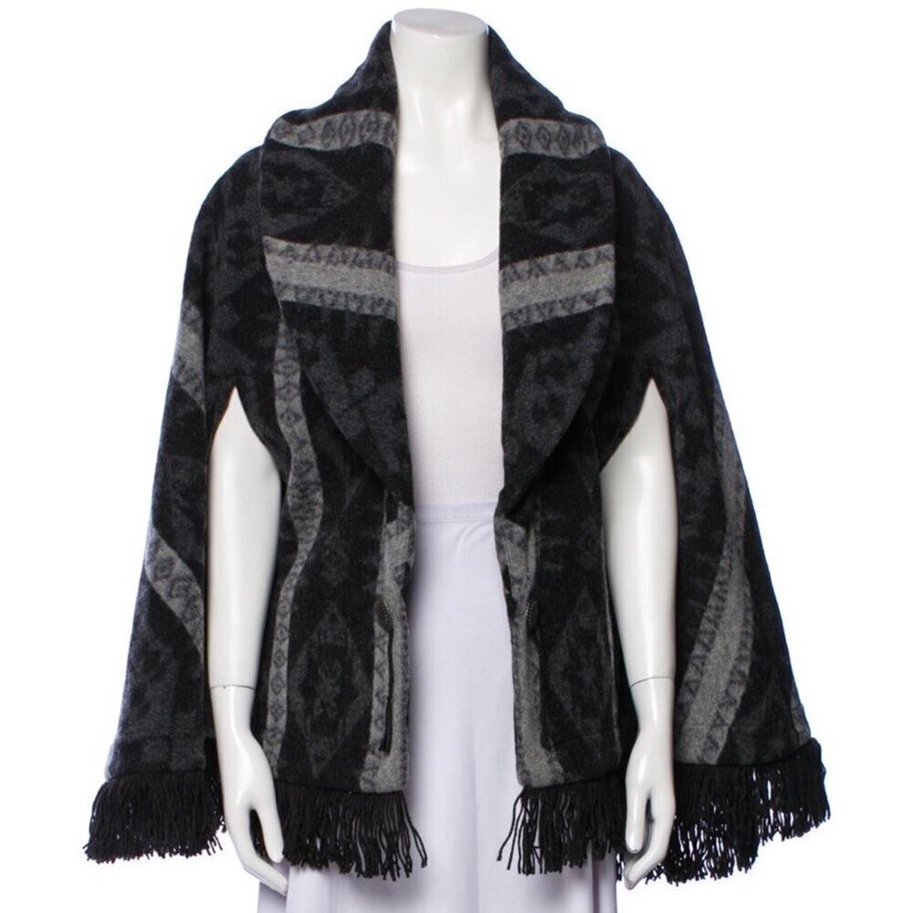 RRL Ralph Lauren Women’s Fringe Trim Wool Blend Jacquard Cape Shawl Coat XS / S - Picture 5 of 9